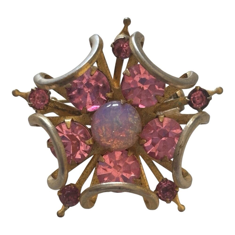 Starburst Brooch Central Pink Opal Cabochon Small Pink Rhinestones Gold tone